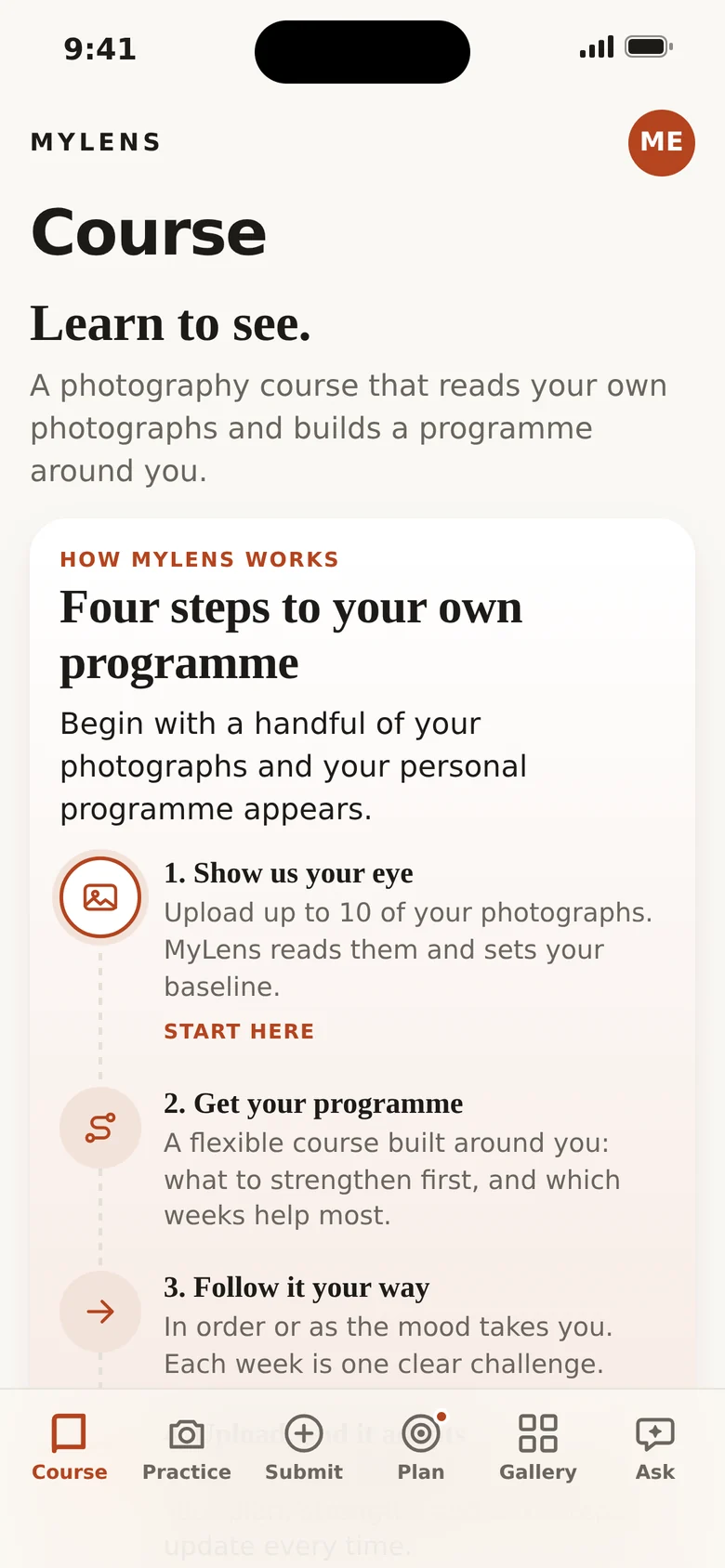 MyLens Course screen: four steps to your own programme