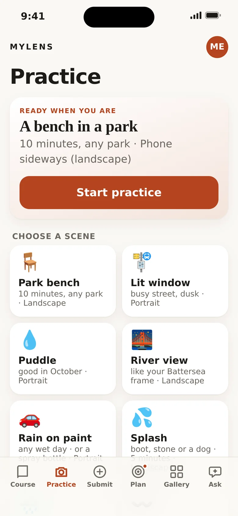 MyLens Practice screen: choose a scene such as a park bench, a lit window or a puddle