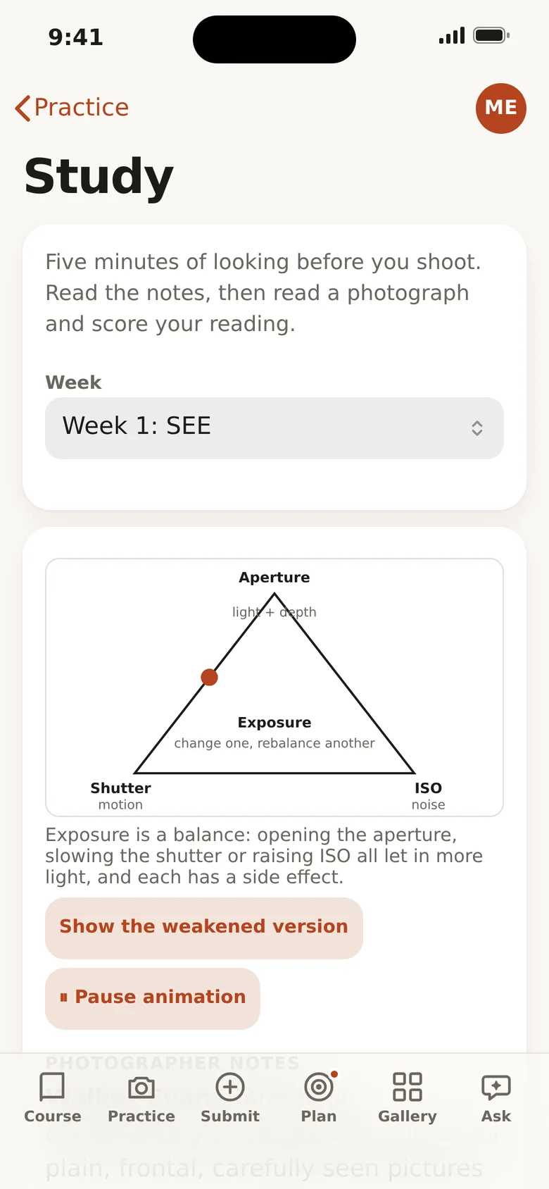 MyLens Study screen with the exposure triangle