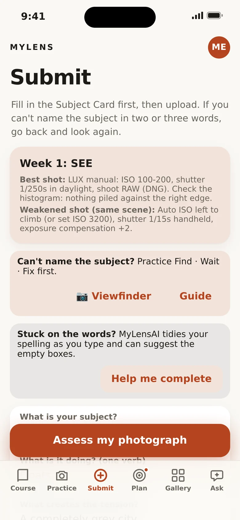 MyLens Submit screen with the Subject Card