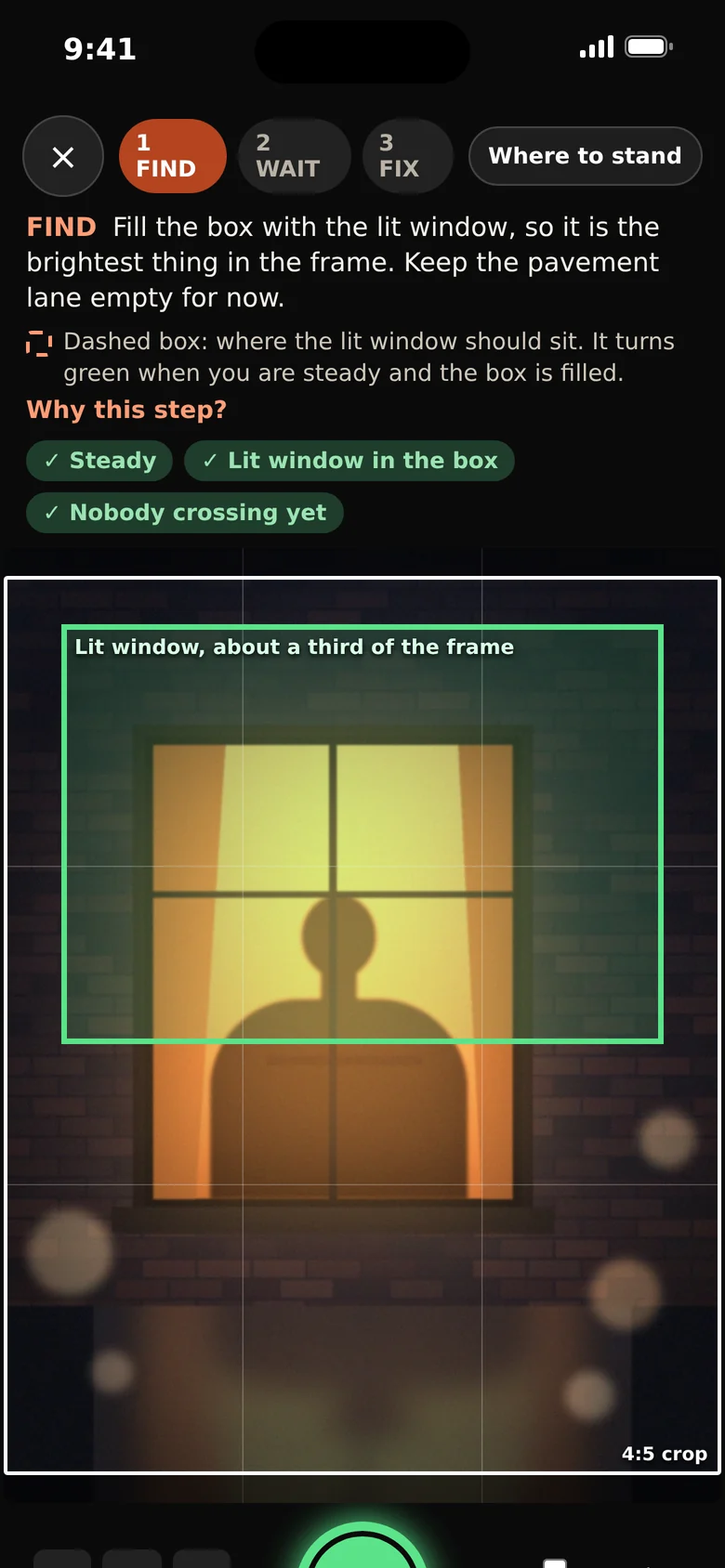 The MyLens viewfinder with a dashed box showing where the lit window should sit, turning green when you are steady